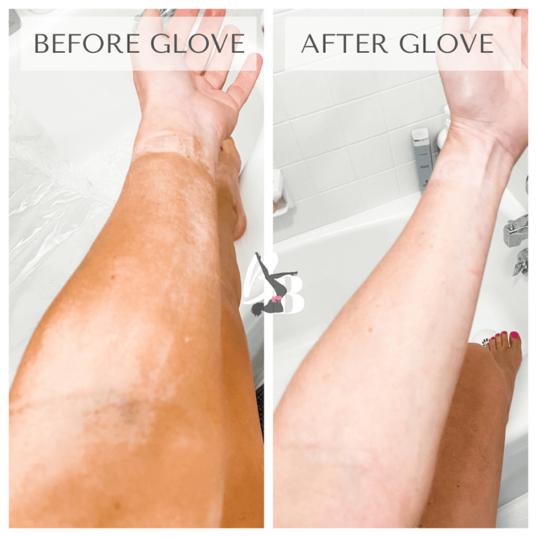 using exfoliating glove for patchy spray tans